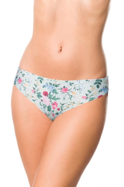 Elastisches Damen Bikiniunterteil Höschen Panty Beinausschnitt und Blätter Blüten Blumen Muster weiß