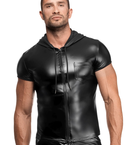 Glänzendes Herren Hemd T-Shirt schwarz aus Wetlook Material mit Reißverschluss Kapuze Männer Shirt k