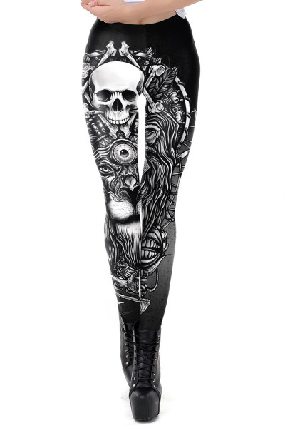 Damen Leggings schwarz grau mit Totenkopf gothic Hose weich elastisch