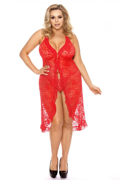 Rotes langes Frauen Dessous Plus Size Kleid transparent aus Spitze mit String Neckholder XXL Nachtkl
