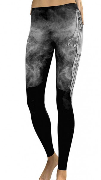Schwarze Damen Gothic Wetlook Leggings mit Flügel Engel und Strumpfhose Optik elastischer Bund