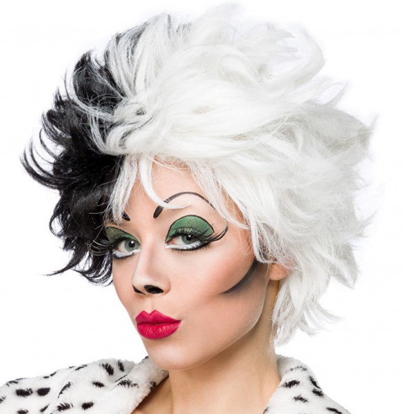 Schwarz weiße Damen Kurzhaar Perücke Wig mit gestuftem Haar kurz Evil Dalmatian Lady Perücke