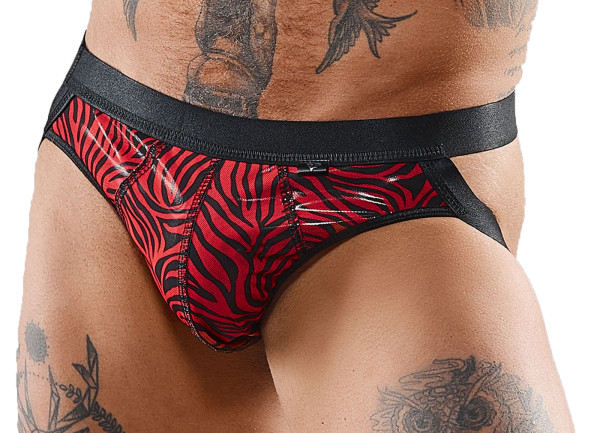Herren Jock Strap schwarz/rot aus Lack-Material und feinem Netz mit Zebra Muster Männer Slip pofrei