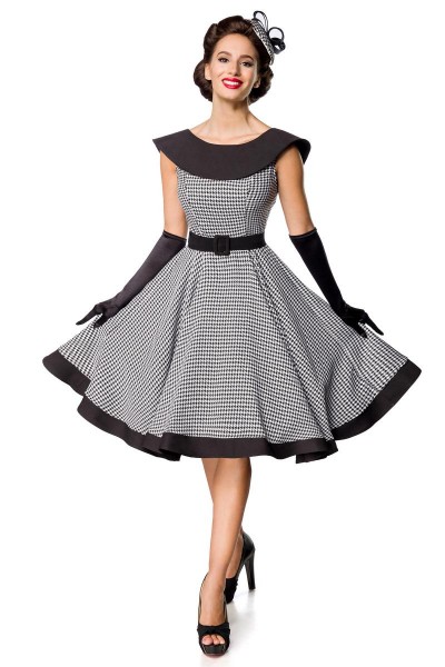 Retro Damen Swingkleid in weiß mit schwarzen Hahnentrittmuster Vintagekleid mit ohne Ärmeln und groß