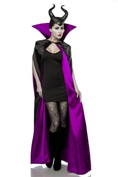 Damen Halloween Feen Teufel Kostüm aus Cape, Kleid, Strumpfhose, Hörnermaske in schwarz/lila OneSize