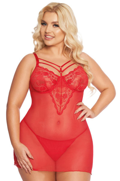 Rotes XXL Dessous Chemise Plus Size Nachtkleid transparent aus Tüll und Spitze mit T-String