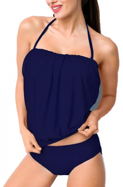 Elastischer Damen Tankini Neckholder Swimsuit mit Top und Panty abnehmbare Träger dunkelblau zum bin