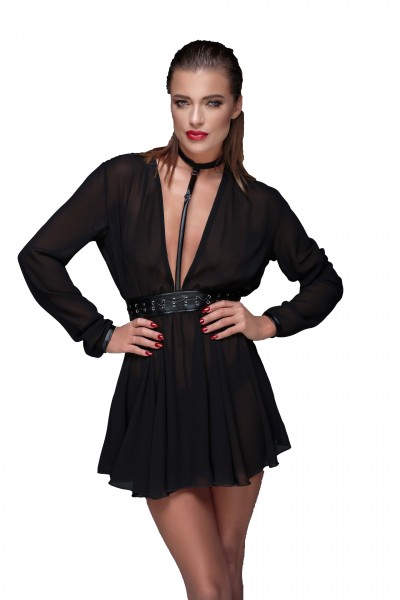 Schwarzes elegantes Damen Chiffon Minikleid mit Choker und Gürtel transparent erotisch