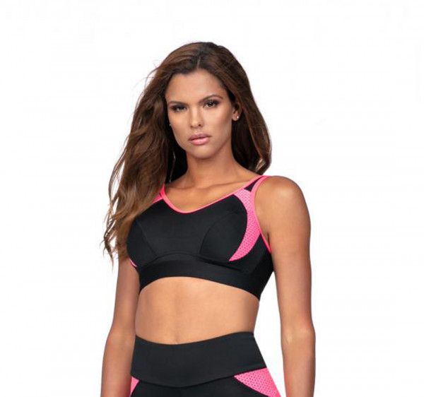 Damen Sport BH Fitness Top elastisch in schwarz rosa mit Hakenverschluss, breiter Gummi für Stabilit
