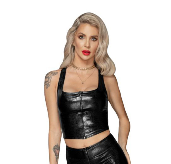 Schwarzes Damen Wetlook Top mit Reißverschluss und Schlangen Optik schulterfrei elastisch