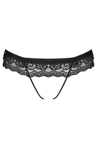 Schwarzer Damen String ouvert aus aus Spitze und Gummibändern mit einer Schleife und Strasssteinchen
