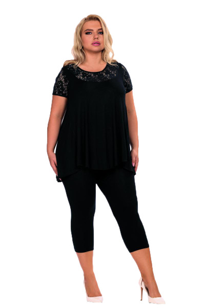 Schwarzer Damen Plus Size Pyjama aus blickdichtem, dehnbarem Material und Spitze Schlafanzug Hose un