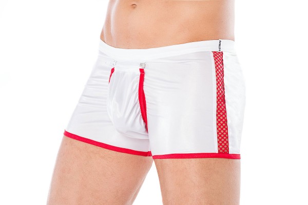 Herren Dessous Doktor Boxer-Shorts Arzt Shorts rot weiß aus wetlook Material mit Reißverschluss