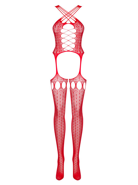 Erotischer Damen Dessous Neckholder Bodystocking elastisch transparent in Rot Schnürungmuster mit Ne