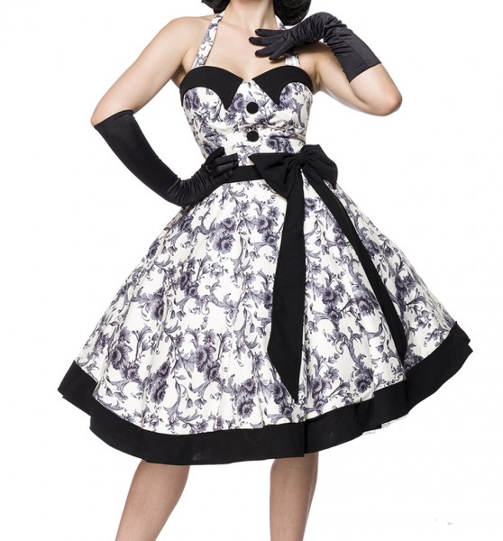 Ausgestelltes Rockabilly Kleid gepunktet mit Tellerrock als Neckholder zum binden Stoffknöpfe und Rü