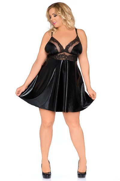 Erotisches schwarzes Damen Dessous Wetlook Babydoll mit Spitze XXL Chemise Minikleid