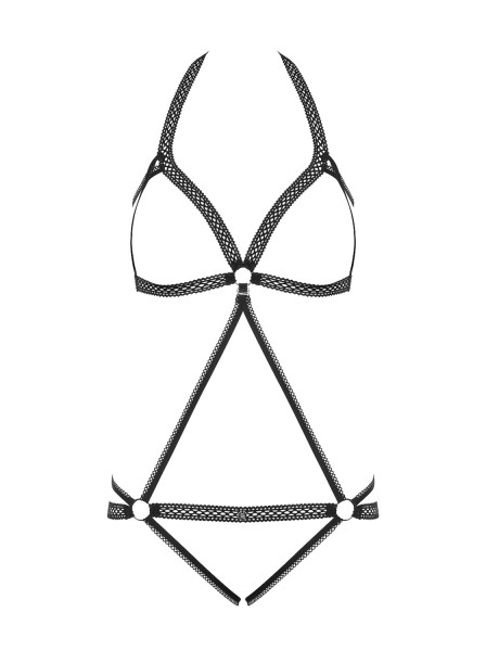 Frauen Neckholder Dessous Teddy Body in Schwarz mit Riemchen und Ringen transparent Crotchless ouver