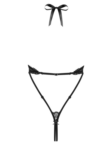 Damen Dessous Reizwäsche Body Teddy in schwarz teiltransparent mit Netz und Spitze Neckholder