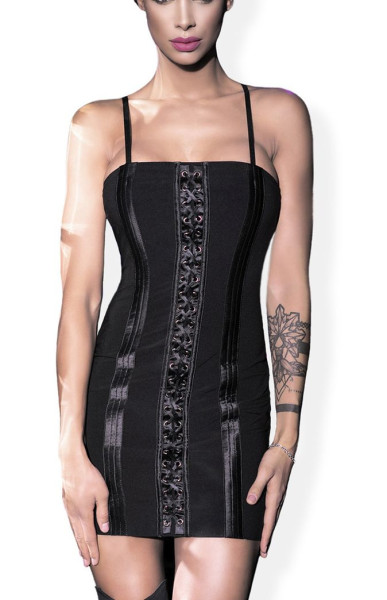 Damen Dessous FrontSpitzensaum Kleid in schwarz mit Satin Optik, Frontausschnitt und Bandeau glänzen