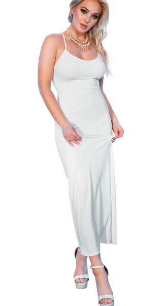 Frauen Dessous Negligee enges Maxikleid Partykleid in weiß mit String matt und Kreuzträger Rückenfre