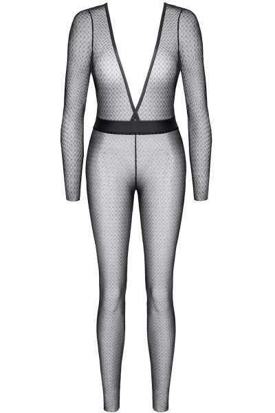 Schwarz/silbernes Damen Dessous Jumpsuit transparent langarm aus Netzstoff Catsuit durchsichtig erot