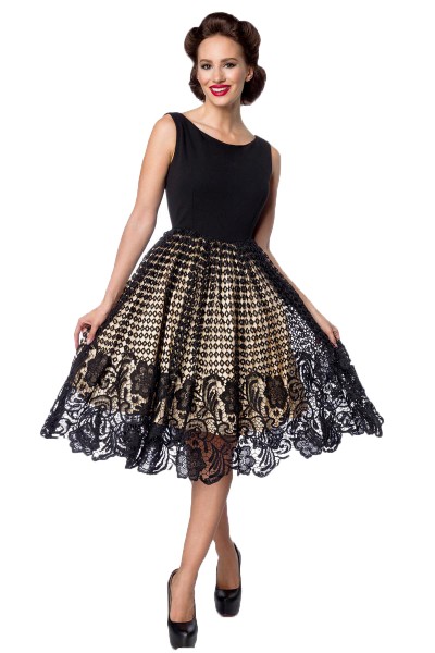 Schwarzes knielanges Swing Kleid im High Waist Schnitt mit Netz und Stickereien und U-Boot-Ausschnit