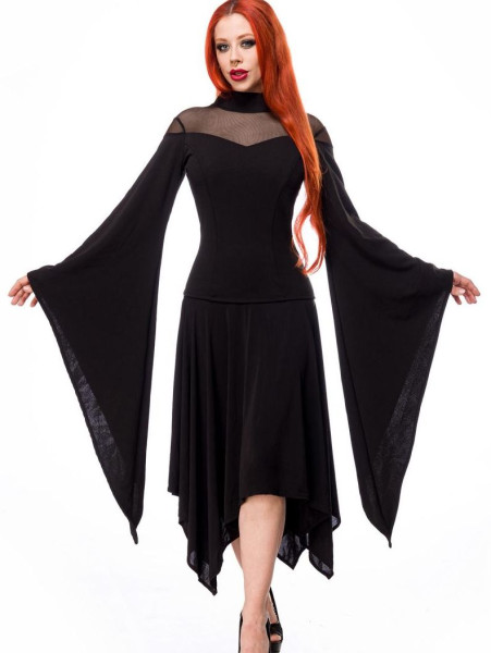 Schwarzes knielanges Swing Kleid im High Waist Schnitt mit Netz und Brustausschnitt Vollglocke und l