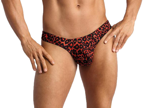 Herren String in schwarz rot aus glatten blickdichtem Stoff mit Animal Leoparden Print Männer Tanga