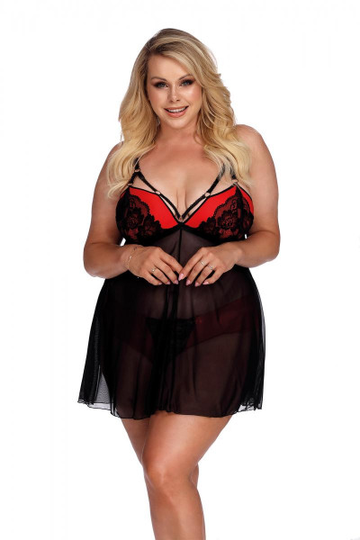 Schwarzes rotes Damen Dessous Plus Size Babydoll aus Chiffon und Spitze transparent Chemise mit Auss