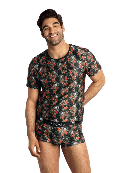 Herren T-Shirt aus glattem blickdichtem Stoff mit Blumen und Schädel Print Shirt elastisch bunt