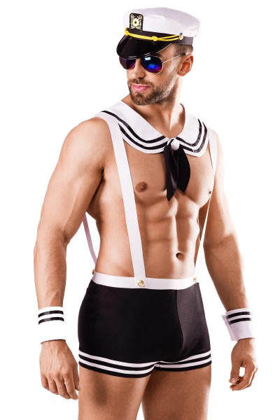 Männer sexy schwarzes Matrosen-Kostüm mit Shorts Mütze Hosenträgern Manschetten und Kragen Roleplay
