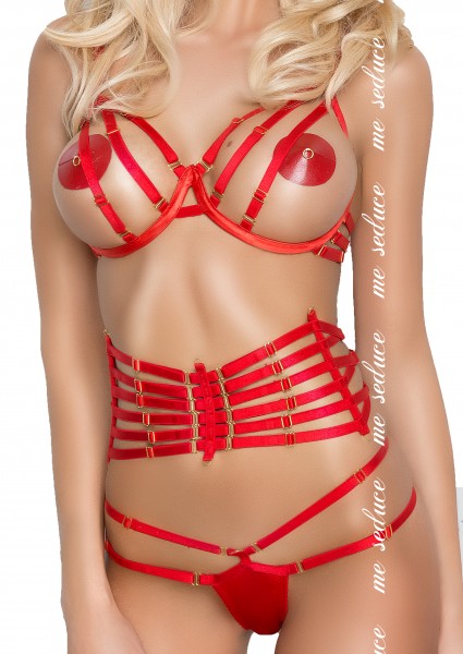 Damen Dessous fetisch Set String, Gürtel und BH aus Bänder in rot transparent