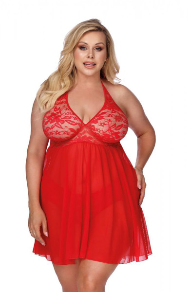 Rotes Damen Dessous Plus Size Neckholder Babydoll aus Chiffon und Spitze transparent XXL Negligee