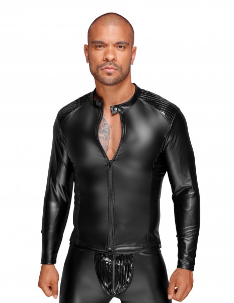 Erotische schwarze wetlook Herrenjacke Shirt mit Schulterklappen aus PVC und Ausschnitt