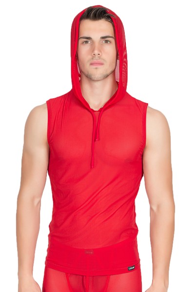 Transparentes Herren Dessous V-Shirt in rot mit Kapuze aus Tüll ohne Ärmel Muskel-Shirt