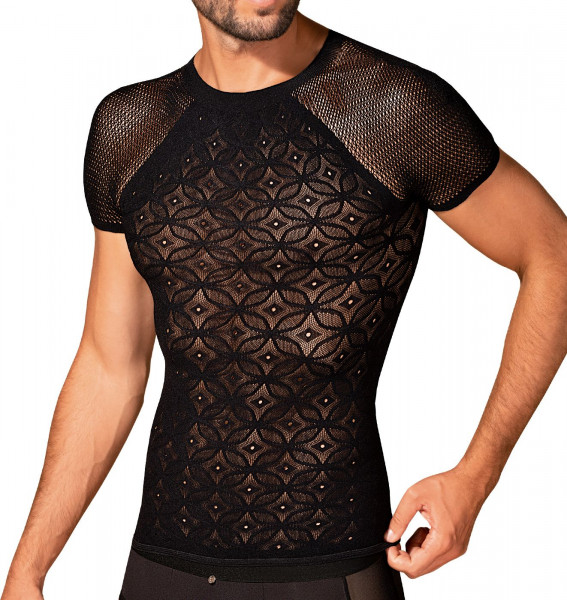 Netz Shirt Schwarz mit Kreismuster sexy Oberteil Männer Unterhemd mit Ausschnitte Multistretch-Netz