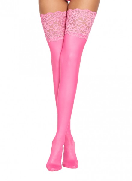 Pinke Damen Dessous wetlook Strümpfe Stockings mit Spitze halterlos dehnbar