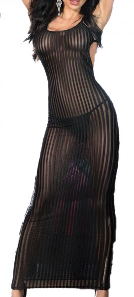 Transparentes Damen Dessous Maxi-Kleid mit Streifen Muster in schwarz Gogo-Kleid Rückenausschnitt Ne