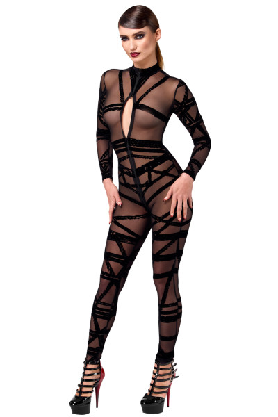 Damen Wetlook Overall schwarz mit Netz und Ausschnitt transparent offen Frontreißverschluss Body Ca