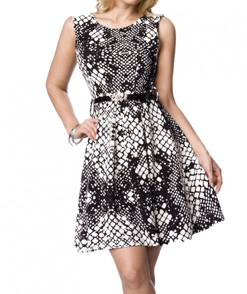 Schwarz weiß gemustertes Sommerkleid / Abendkleid mit Lackgürtel und Reißverschluss knielang-Copy
