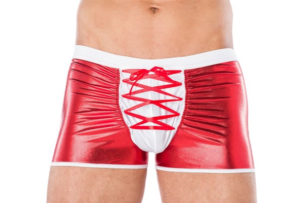 Herren wetlook Christmas weihnachts Shorts in rot weiß mit Schnürung Männer X-Mas Boxer elastisch
