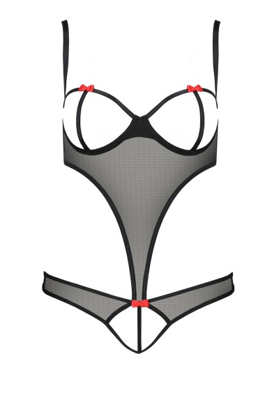 Schwarzer transparenter Damen Dessous Body aus Netzmaterial mit Bügel Cups, roten Schleifen und Hake