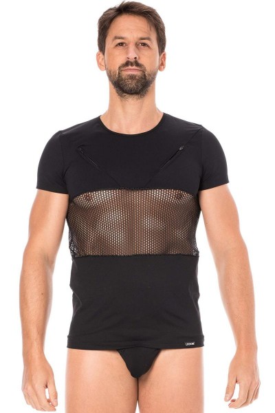 Herren T-Shirt in schwarz mit Netzeinsatz Männer Dessous Shirt elastisch kurzarm