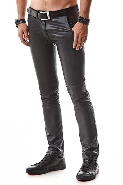 Lange Herren wetlook Hose schwarz matt mit Reißverschluss und Taschen Männer Pants