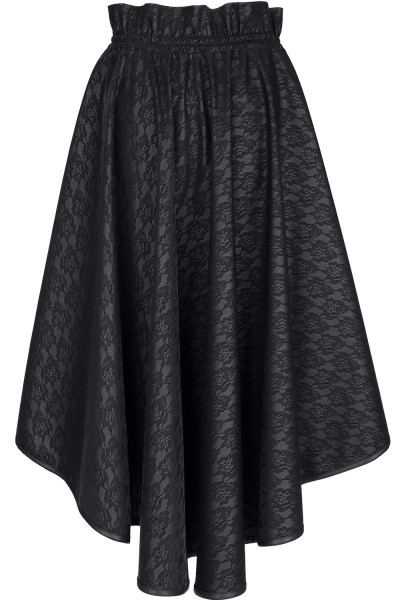 Schwarzer langer Damen Rock vorne kurz und hinten lang aus elastischem Kunstleder mit Blumenmuster