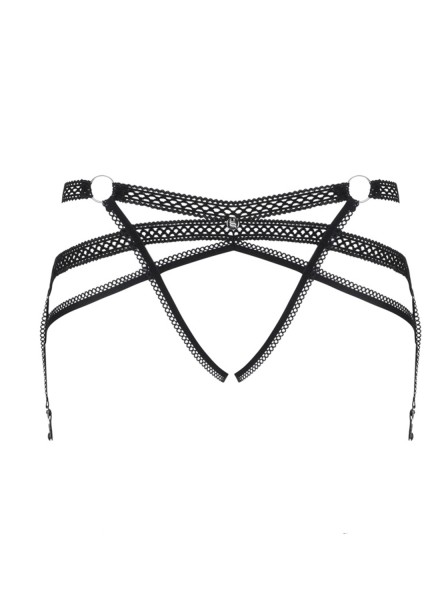 Schwarzer Dessous Reizwäsche Strapsgürtel Garter Belt mit Riemchen und Ringen aus Netz, ouvert und o