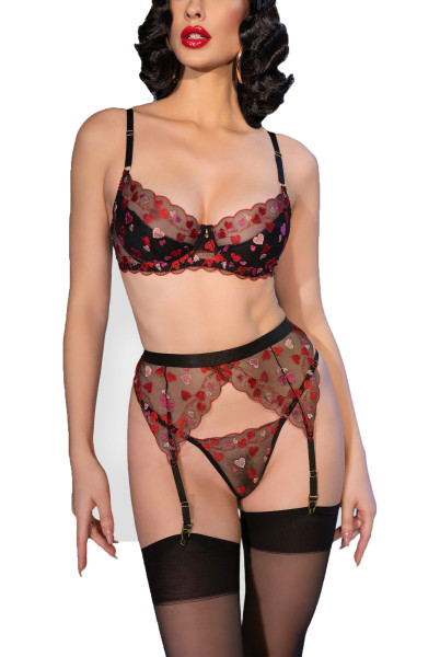 Damen Dessous Netz Set schwarz rot aus BH mit Strapsgürtel, String und Netzstrümpfen Satin Netz und