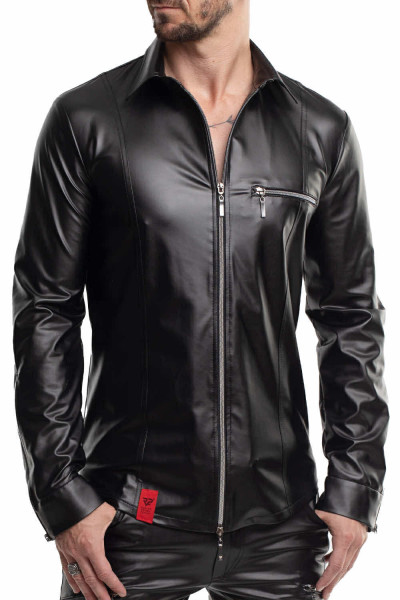 Schwarze Herren wetlook Jacke Hemd Brusttasche mit Reißverschluss, Kragen und Kunstleder elastisch