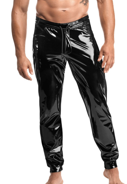 Schwarze lange Herren wetlook Hose mit Lack glänzend elastischer Bund mit Schnürung und Reißverschlu