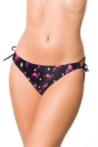 Elastisches Damen Bikiniunterteil Höschen seitlich zum binden Slip Panty und Flamingo Muster schwarz